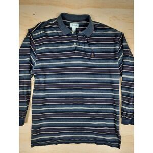 IZOD Vintage Mens Long Sleeve Polo Shirt Blue Striped Cotton Crest Logo  Large